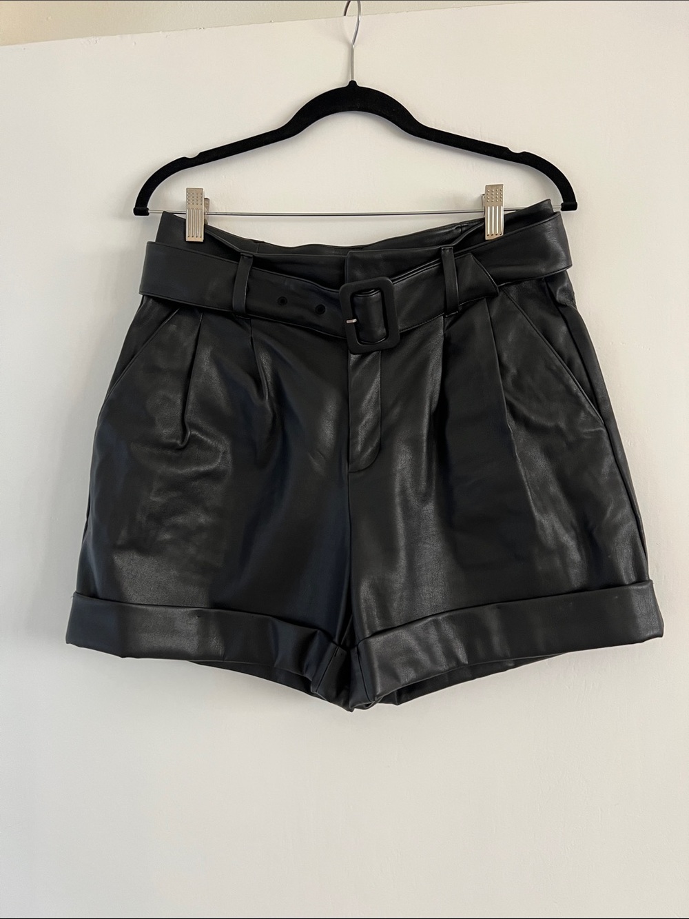 Inc. Black Faux Leather Paperbag Waist Shorts with Belt